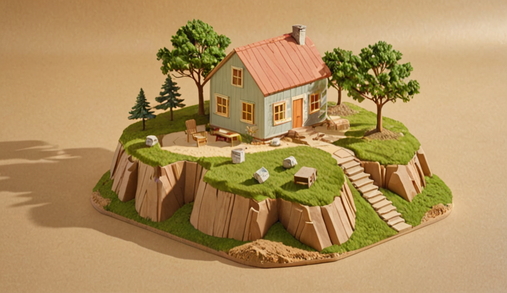 Isometric 3D diorama of a miniature floating island, a rounded chunk of earth wi