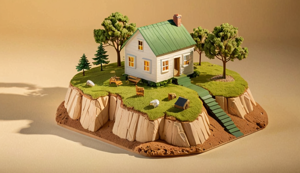 Isometric 3D diorama of a miniature floating island, a rounded chunk of earth wi