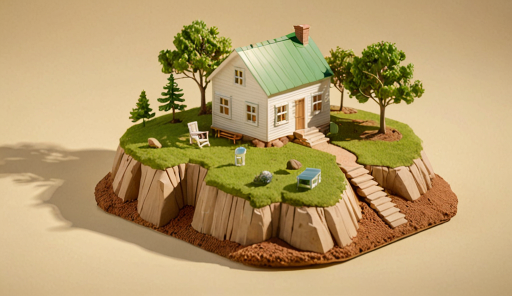 Isometric 3D diorama of a miniature floating island, a rounded chunk of earth wi