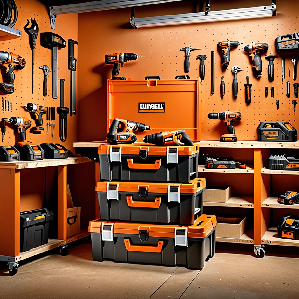Workshop tool chests, drills and hardware laid out on a bench