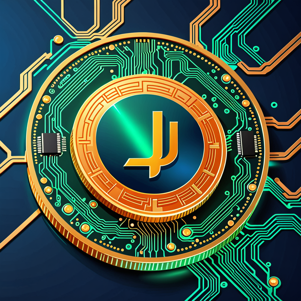 a glowing golden orange coin with a subtle J emblem, floating above a circuit-bo