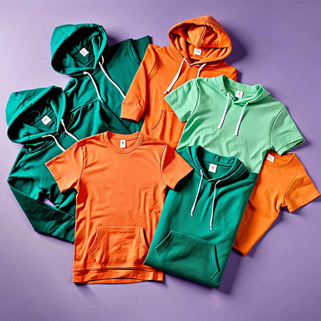 flat lay of folded blank graphic t-shirts and hoodies on a clean studio surface,