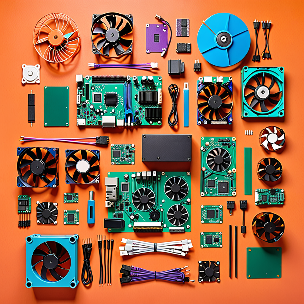 top-down flat lay of workshop and PC gear, hand tools, a circuit board, cables a