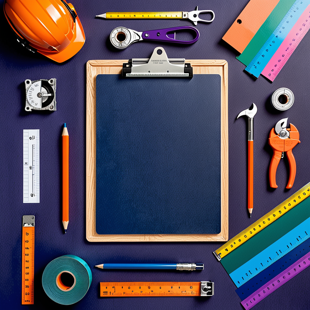 flat lay of a carpentry estimate on a solid deep navy blue background, a clipboa