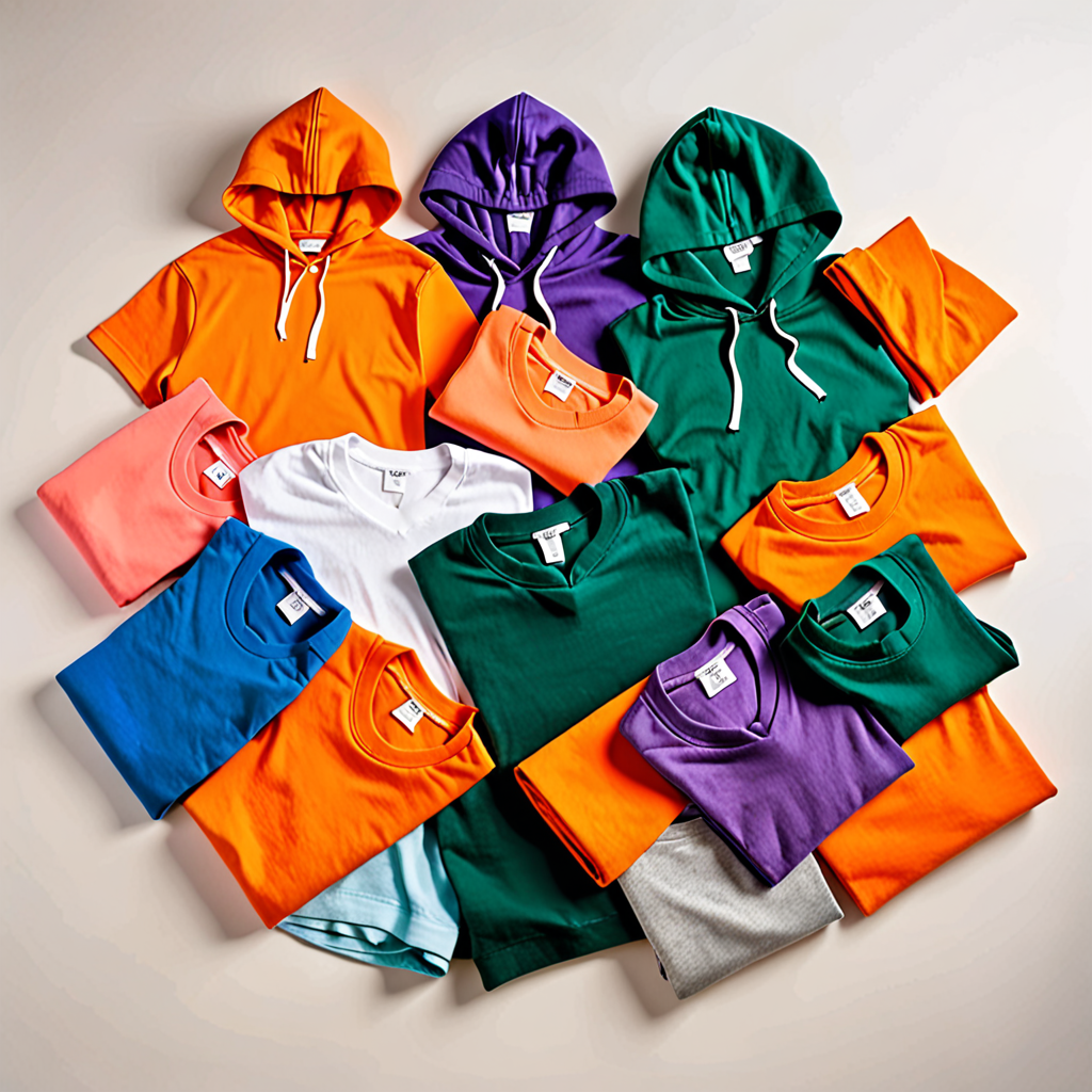 flat lay of folded blank t-shirts and hoodies in bright orange, emerald green an