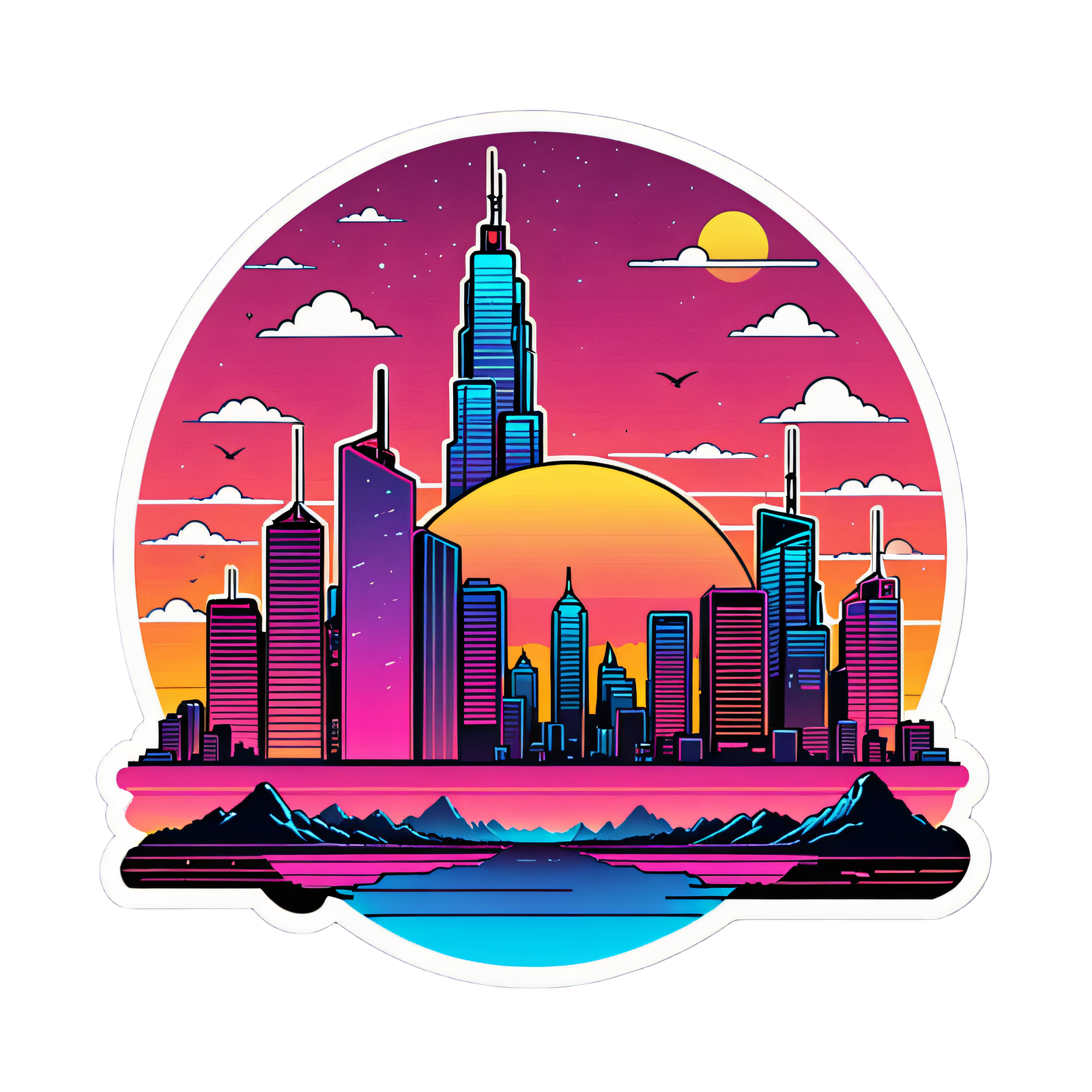 a lofi city skyline at sunset, synthwave palette