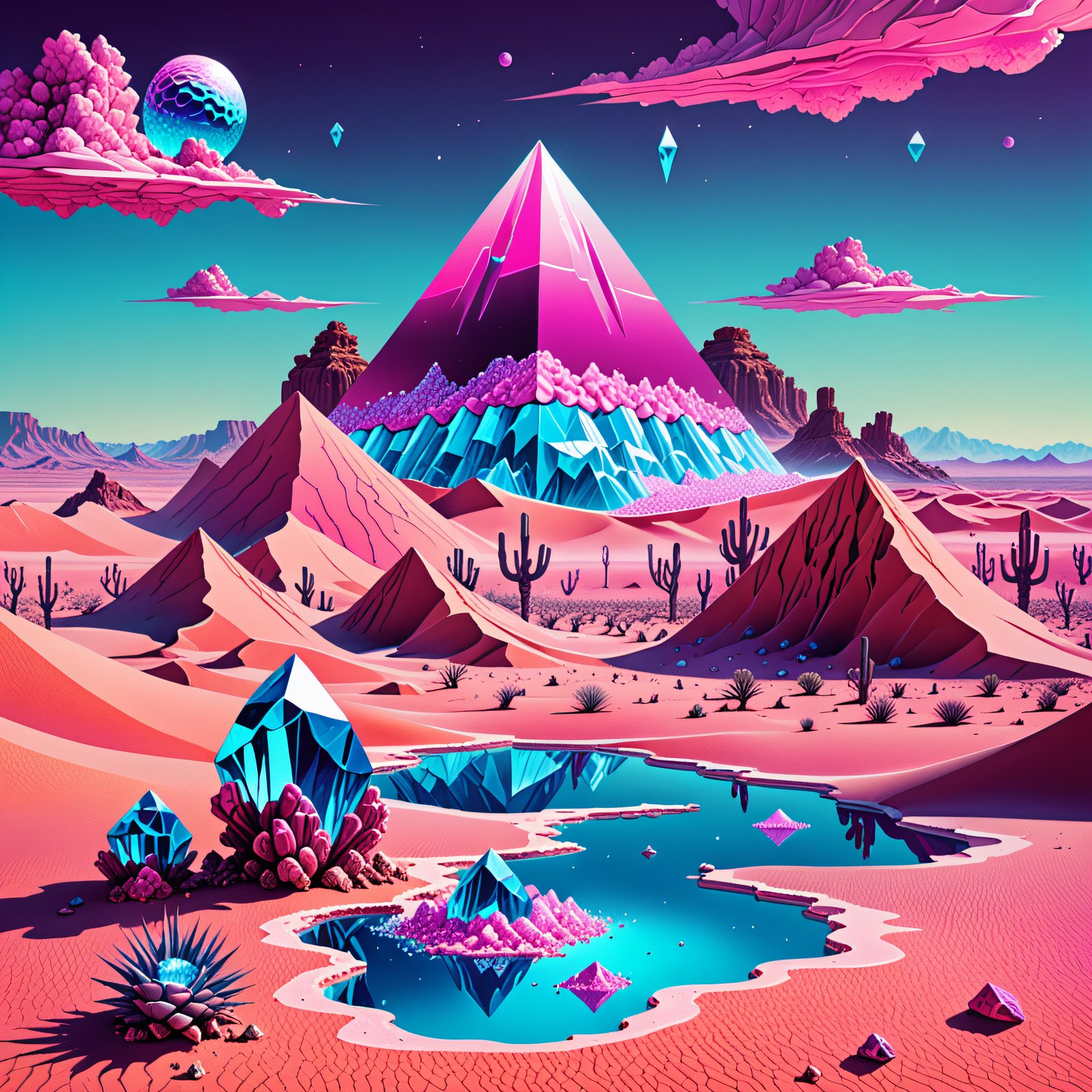 a surreal desert with floating crystals, vaporwa