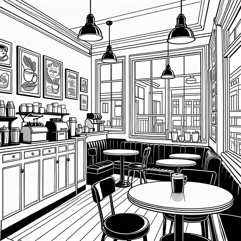 a cozy retro coffee shop interior, warm lighting, illustrative poster style