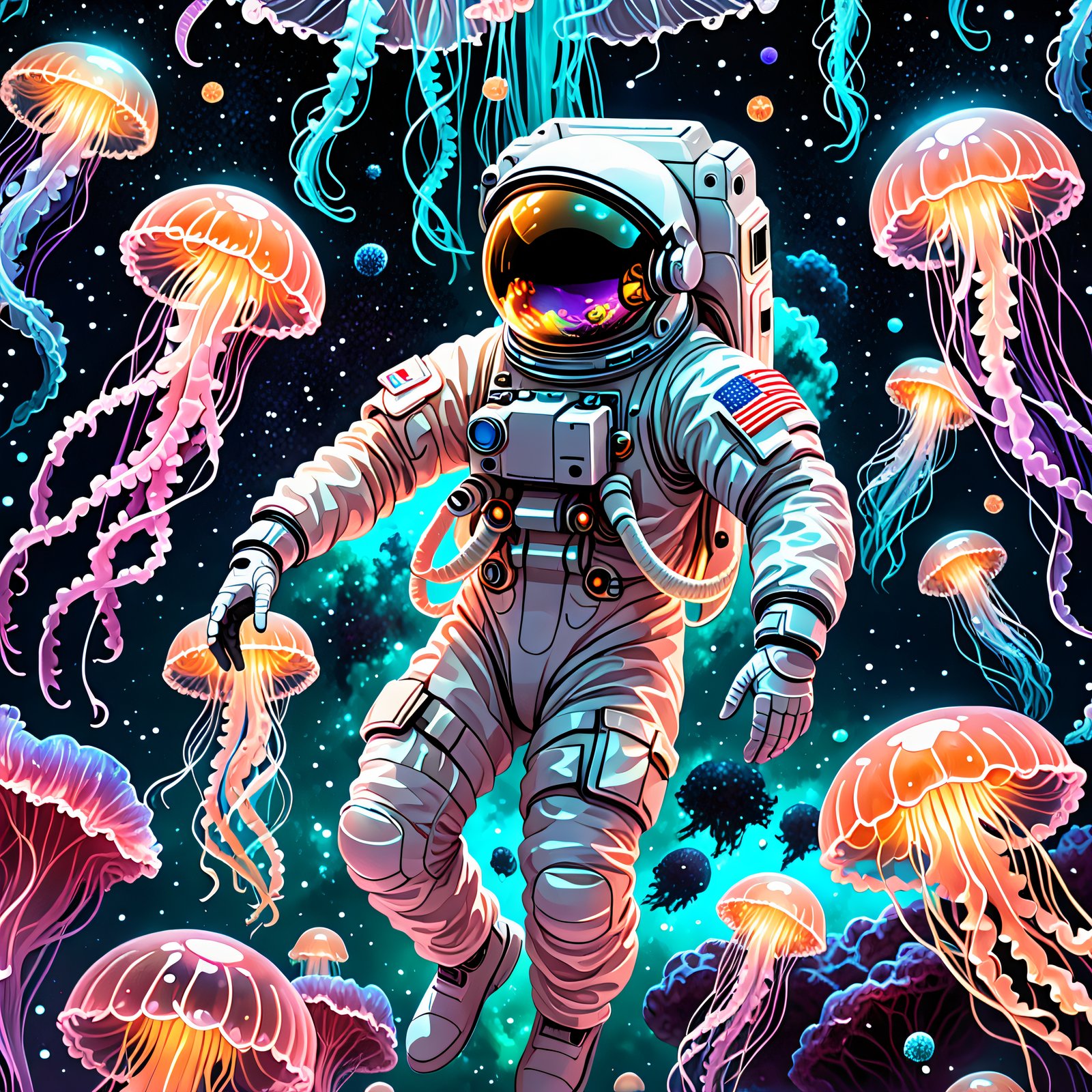a whimsical astronaut floating among glowing jel