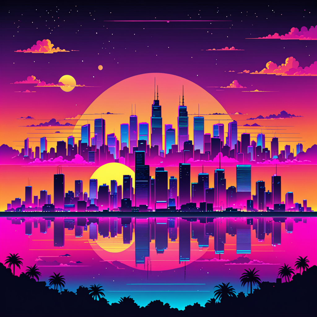 a lofi city skyline at sunset, synthwave palette