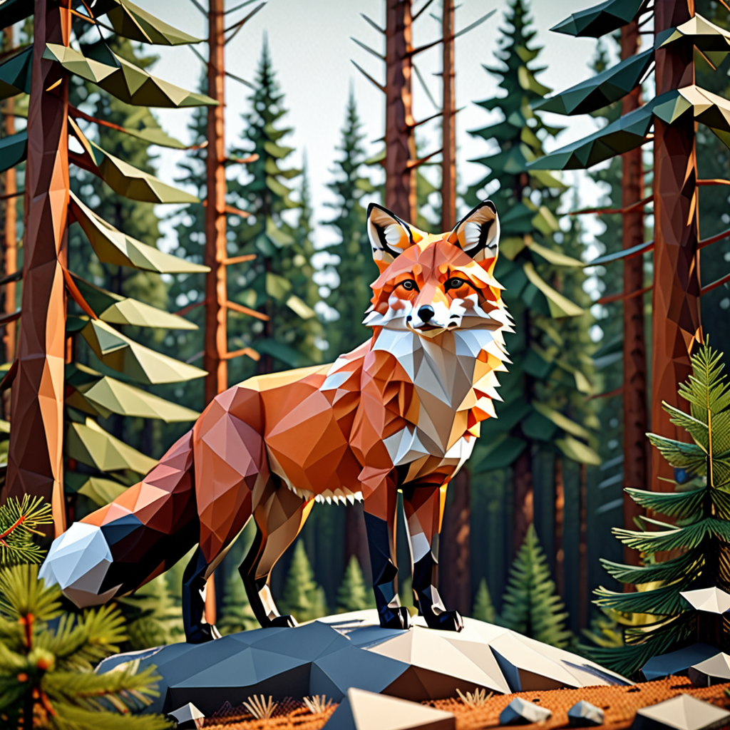 a majestic mountain fox in a pine forest, low-po