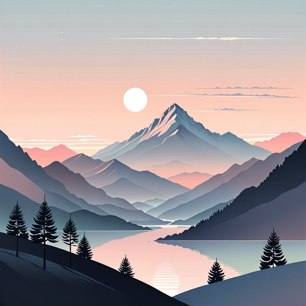 a serene minimalist mountain landscape at dawn, flat vector art, muted pastels