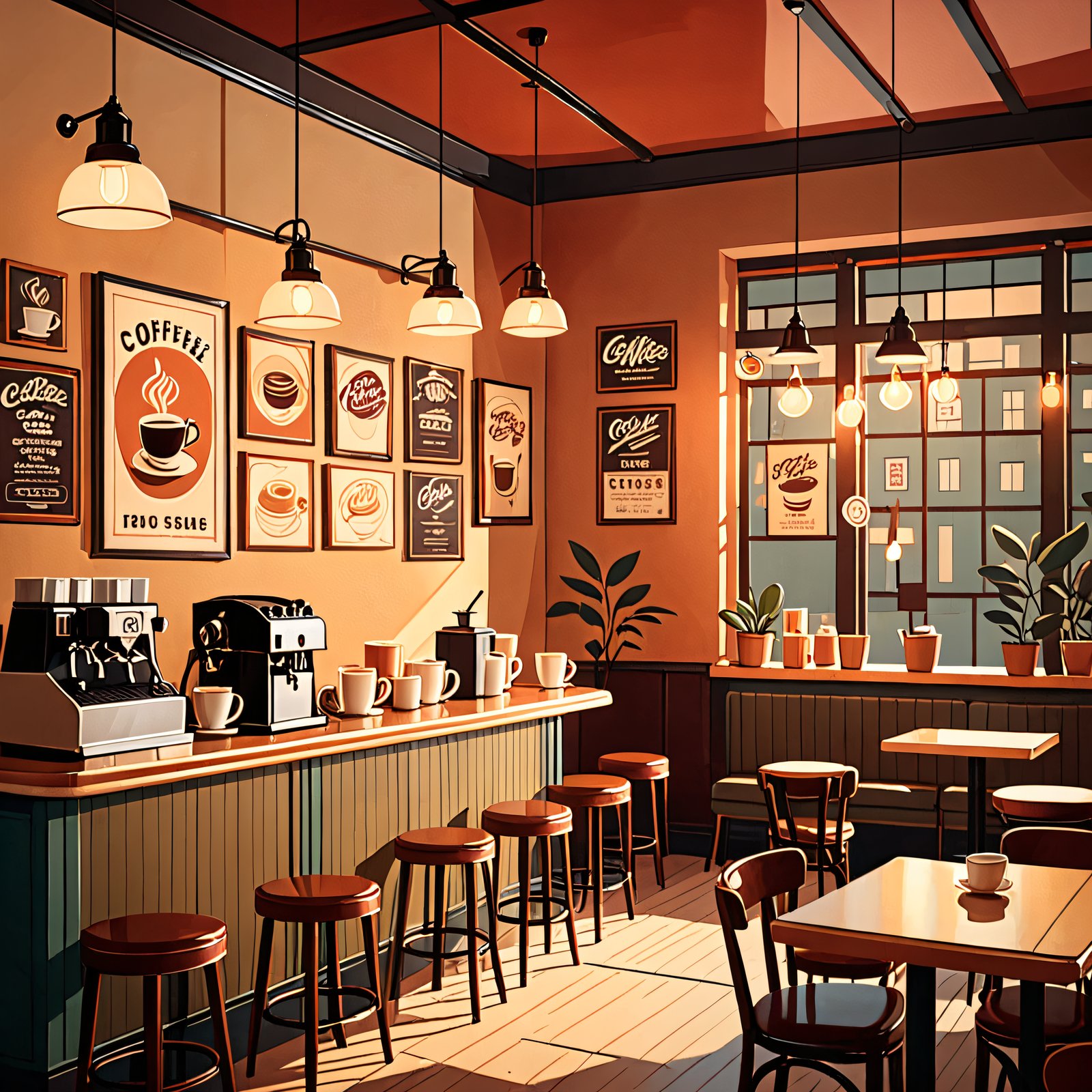a cozy retro coffee shop interior, warm lighting