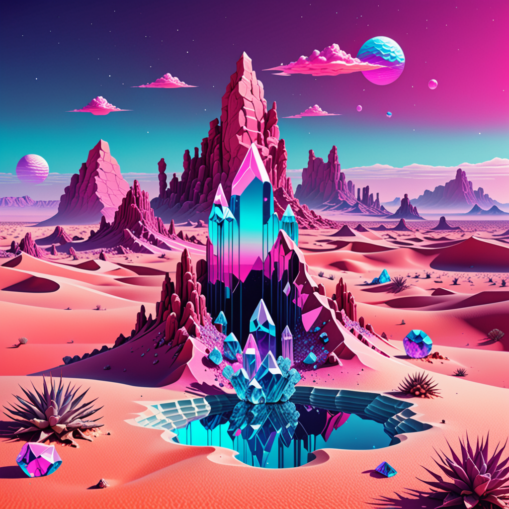 a surreal desert with floating crystals, vaporwave colors, poster art