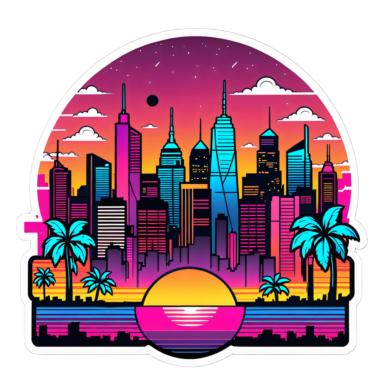 a lofi city skyline at sunset, synthwave palette