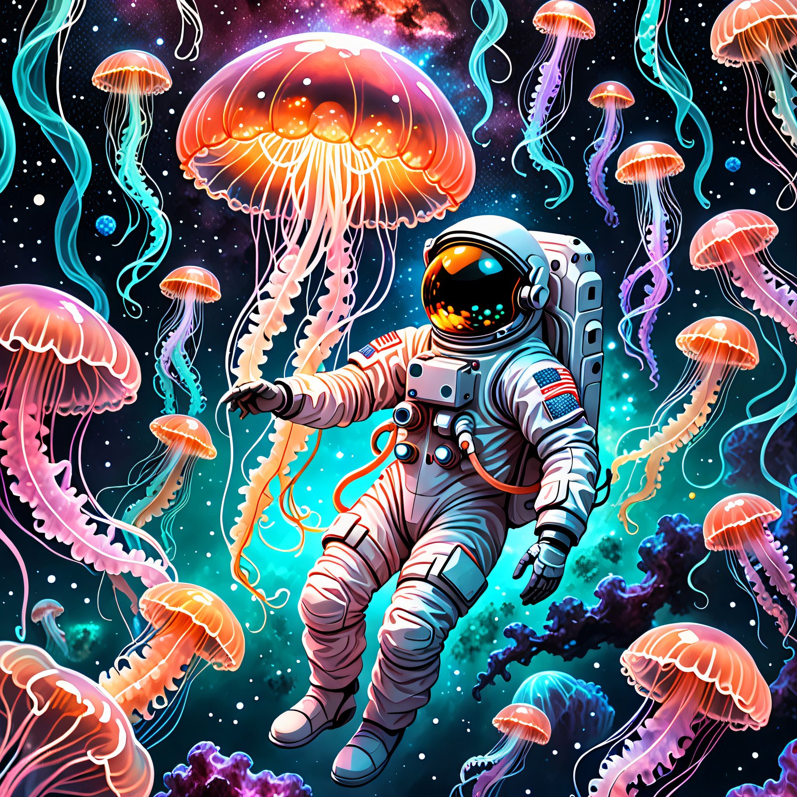 a whimsical astronaut floating among glowing jel