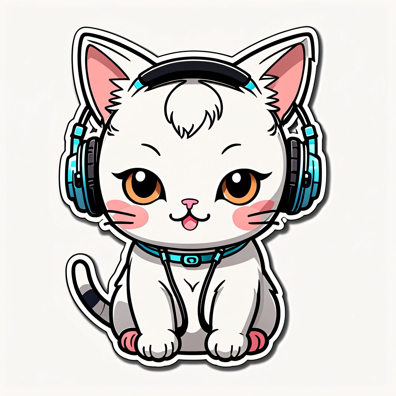 a cute kawaii cat wearing headphones, sticker st