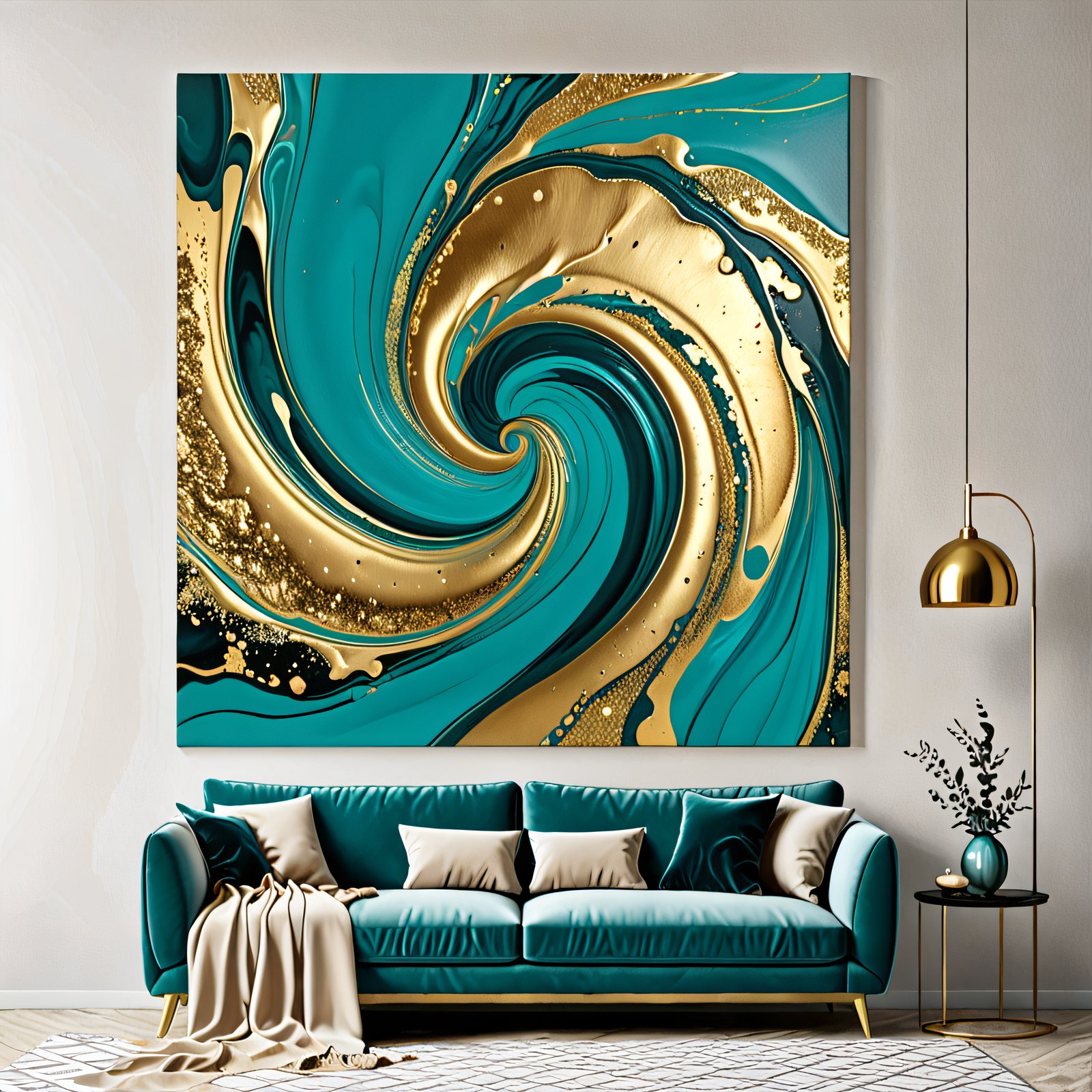 an abstract fluid-art swirl of teal and gold, el