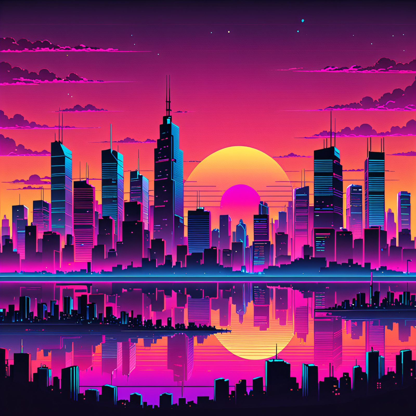 a lofi city skyline at sunset, synthwave palette