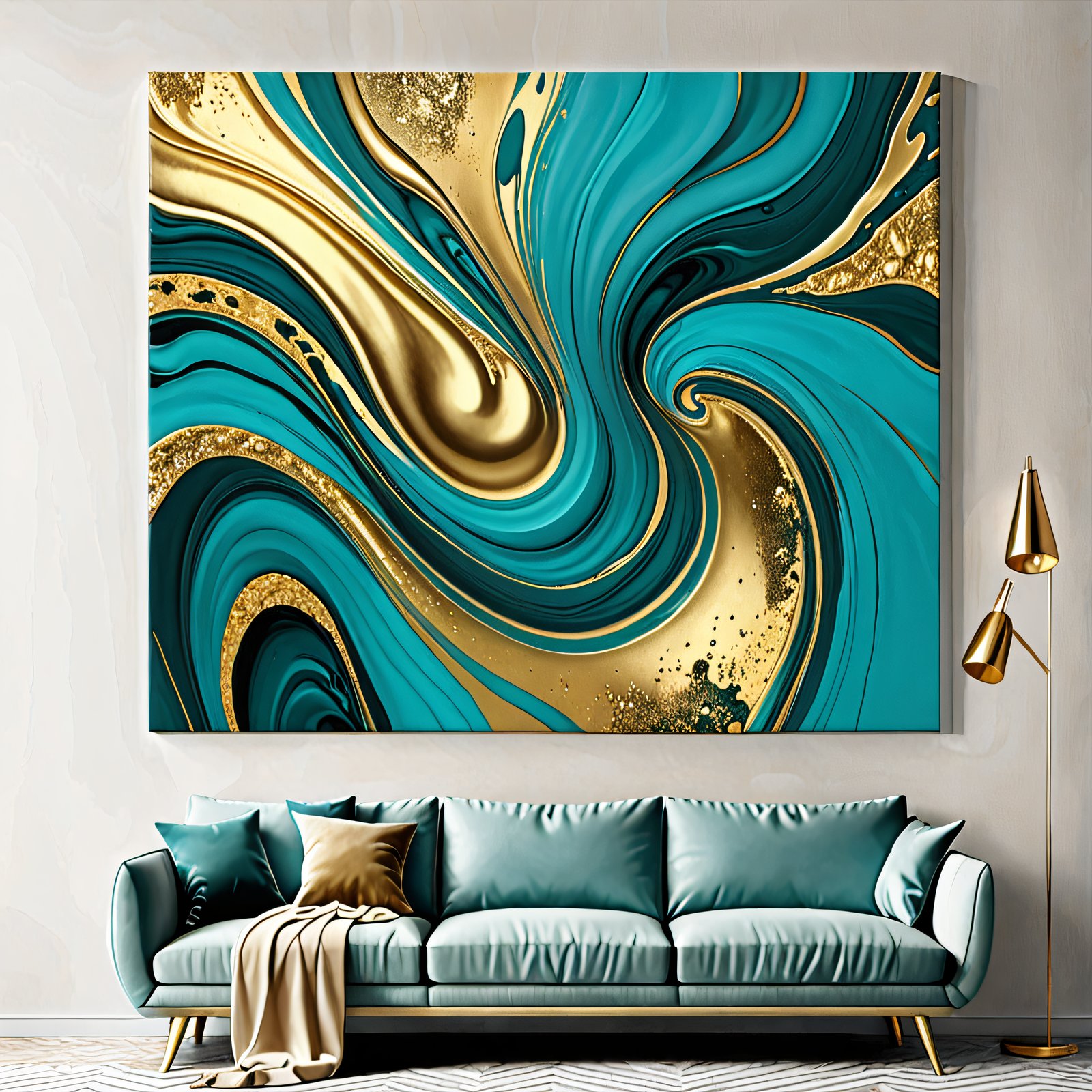 an abstract fluid-art swirl of teal and gold, el
