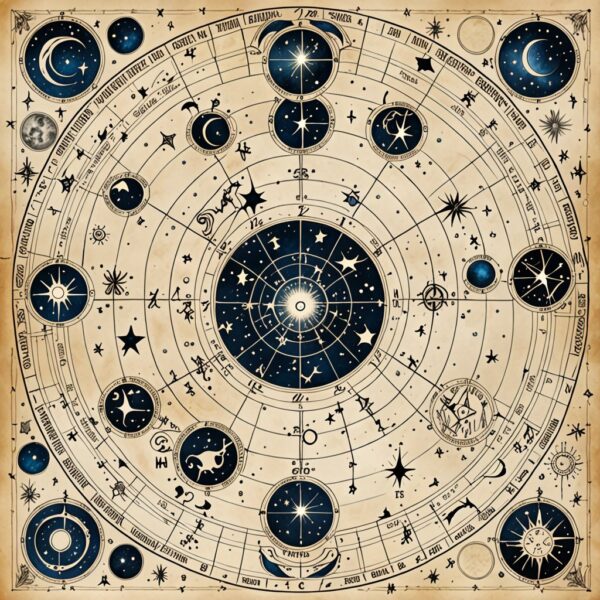 a hand-drawn constellation map of a fantasy zodi