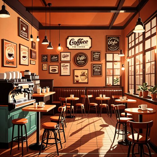 a cozy retro coffee shop interior, warm lighting
