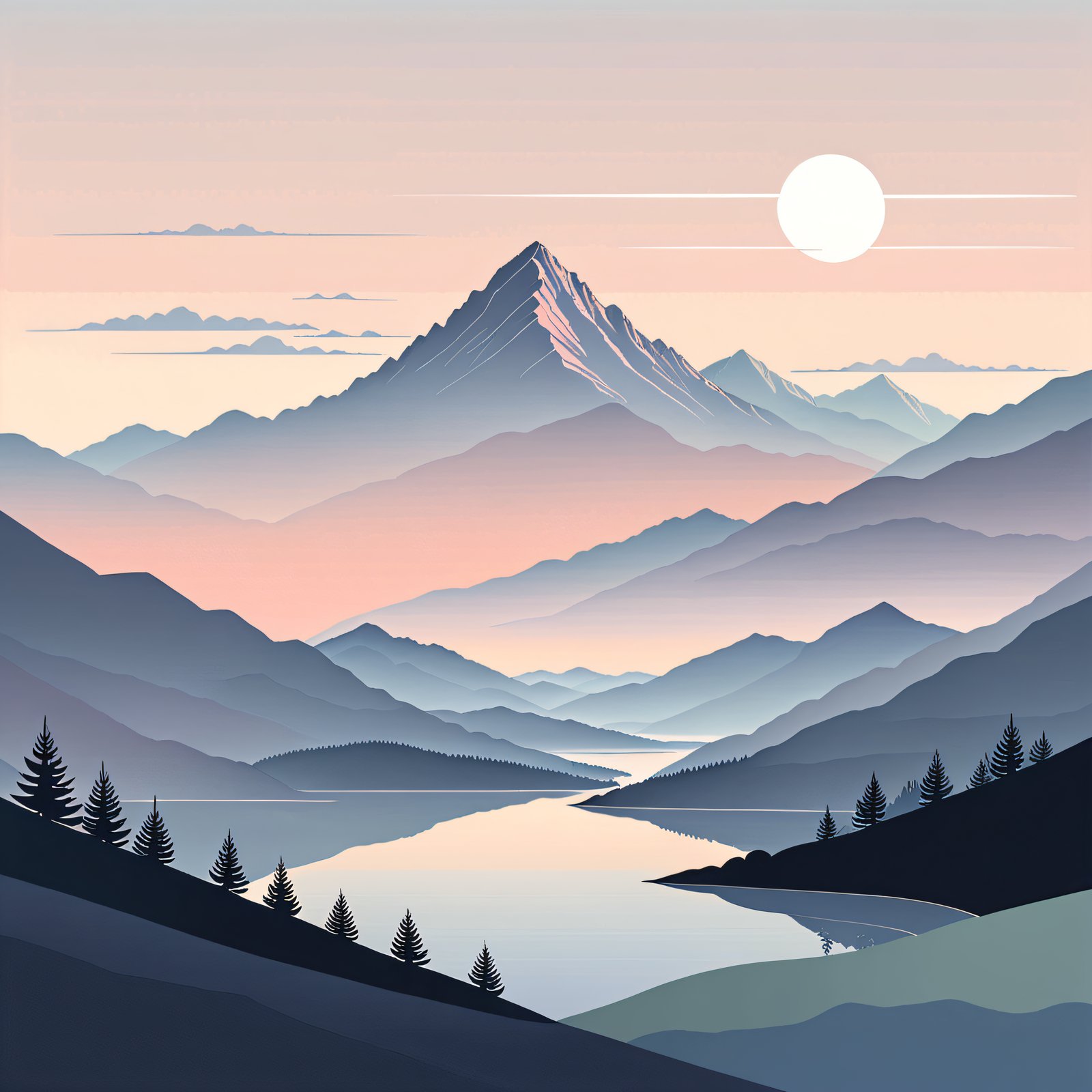 a serene minimalist mountain landscape at dawn,