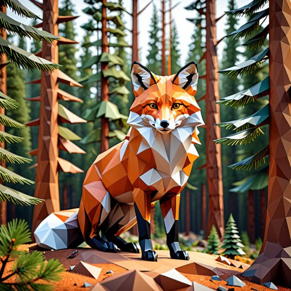a majestic mountain fox in a pine forest, low-po