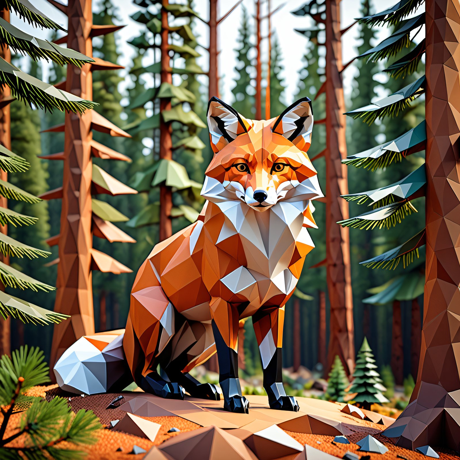 a majestic mountain fox in a pine forest, low-po