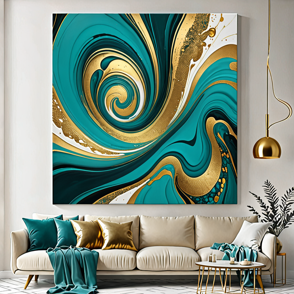 an abstract fluid-art swirl of teal and gold, el