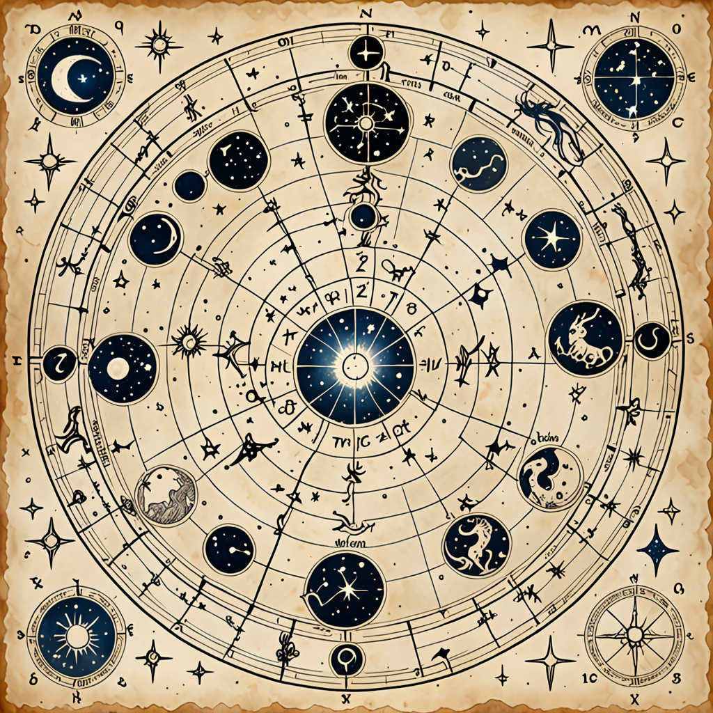 a hand-drawn constellation map of a fantasy zodi