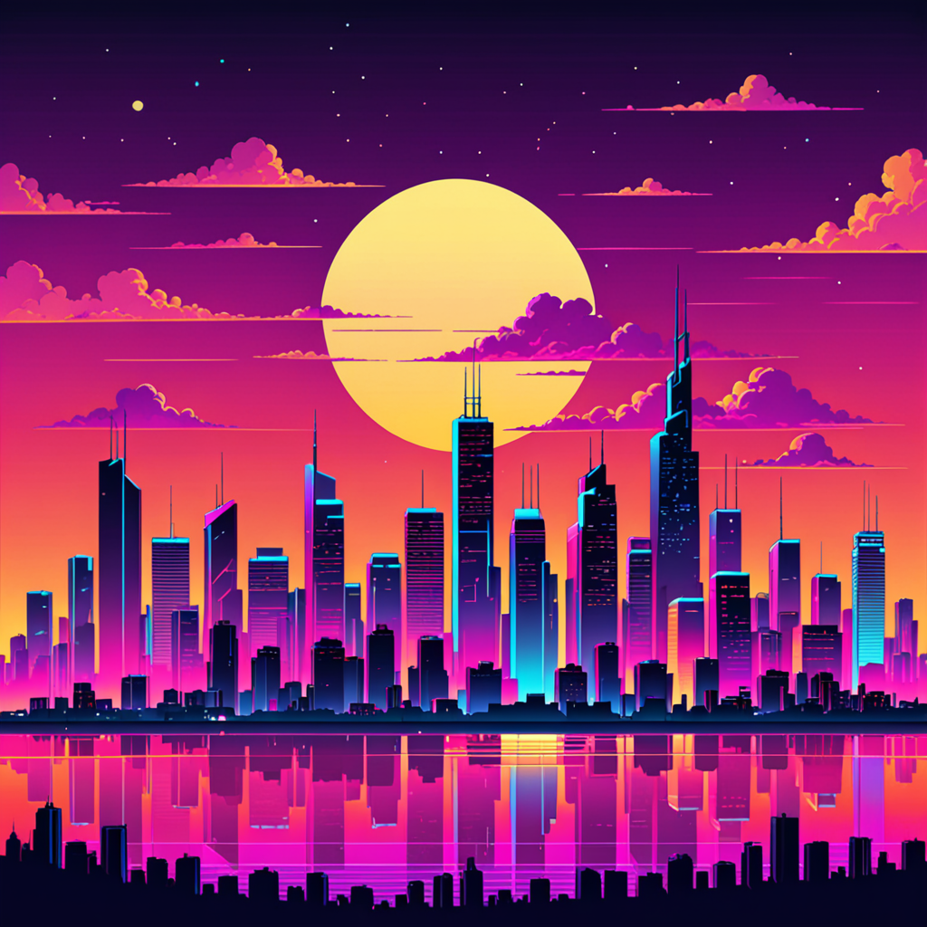 a lofi city skyline at sunset, synthwave palette