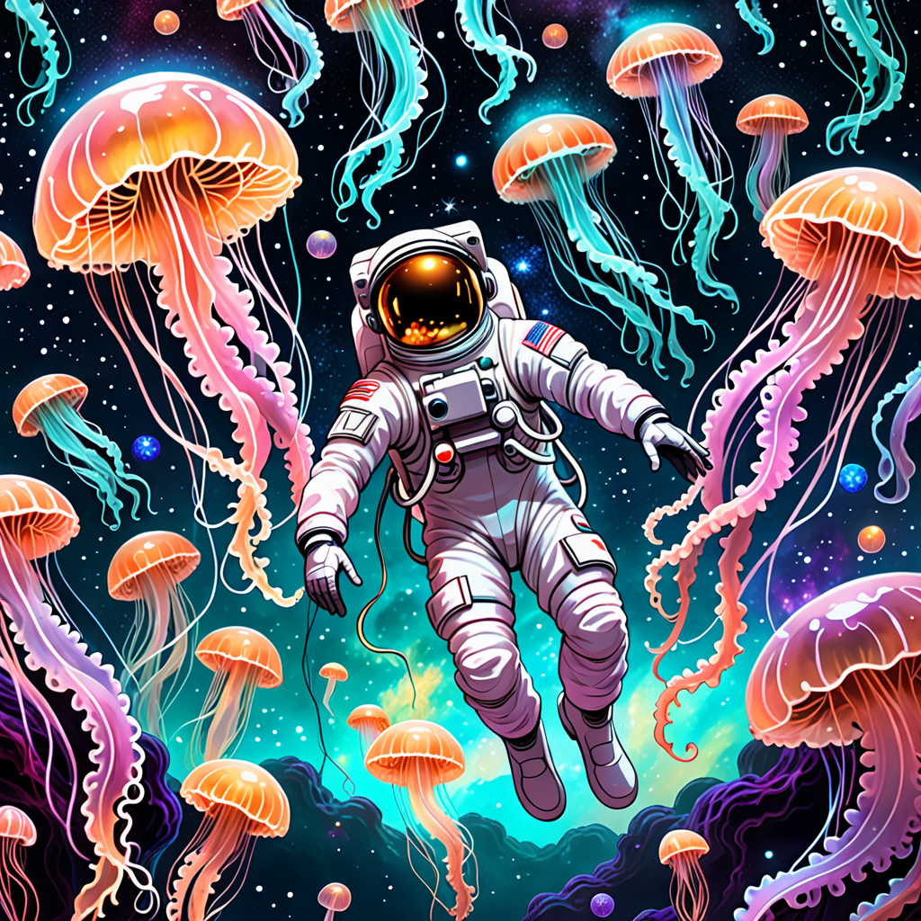 a whimsical astronaut floating among glowing jel