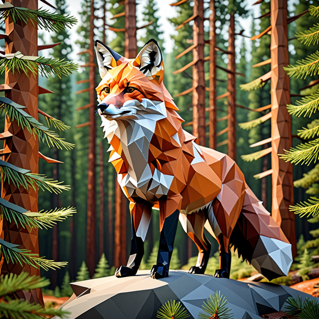 a majestic mountain fox in a pine forest, low-poly geometric style
