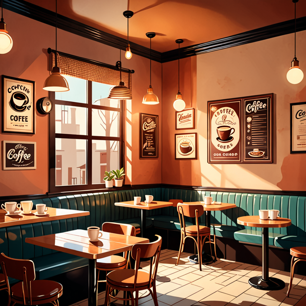 a cozy retro coffee shop interior, warm lighting, illustrative poster style
