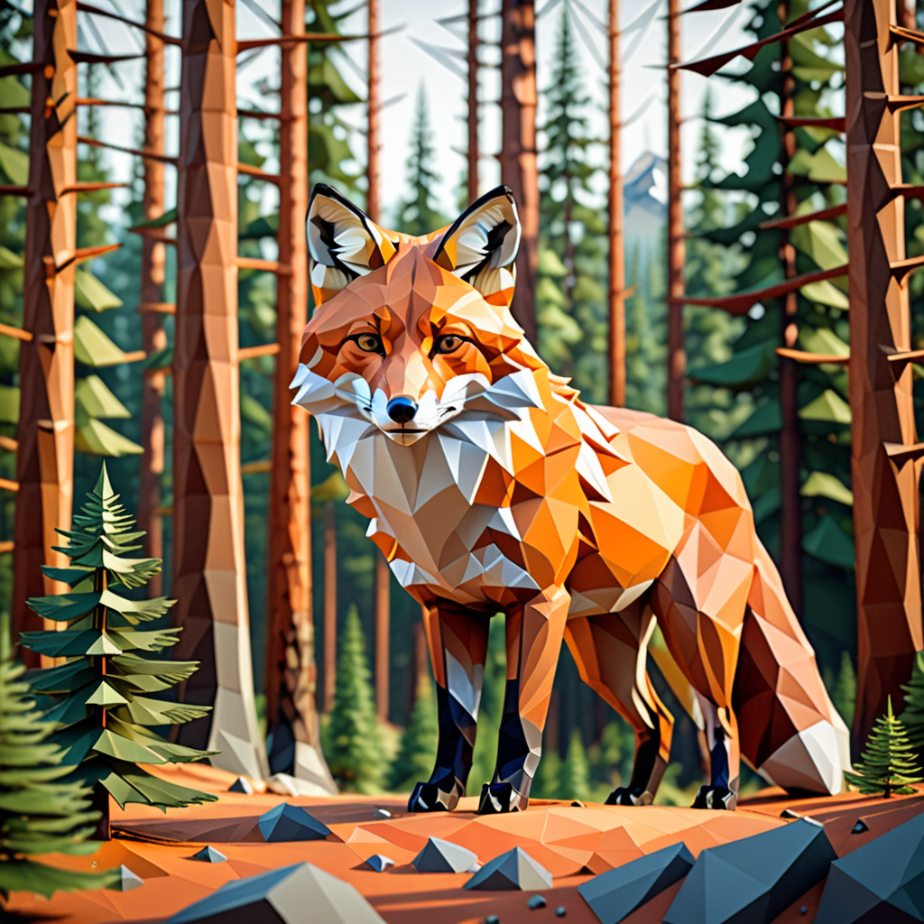 a majestic mountain fox in a pine forest, low-poly geometric style
