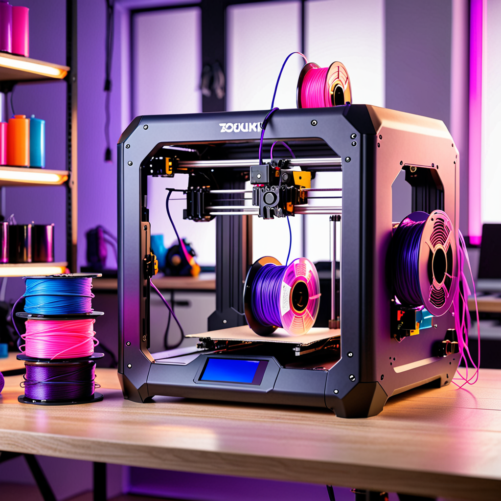 professional product photograph of a modern desktop 3D printer mid-print surroun
