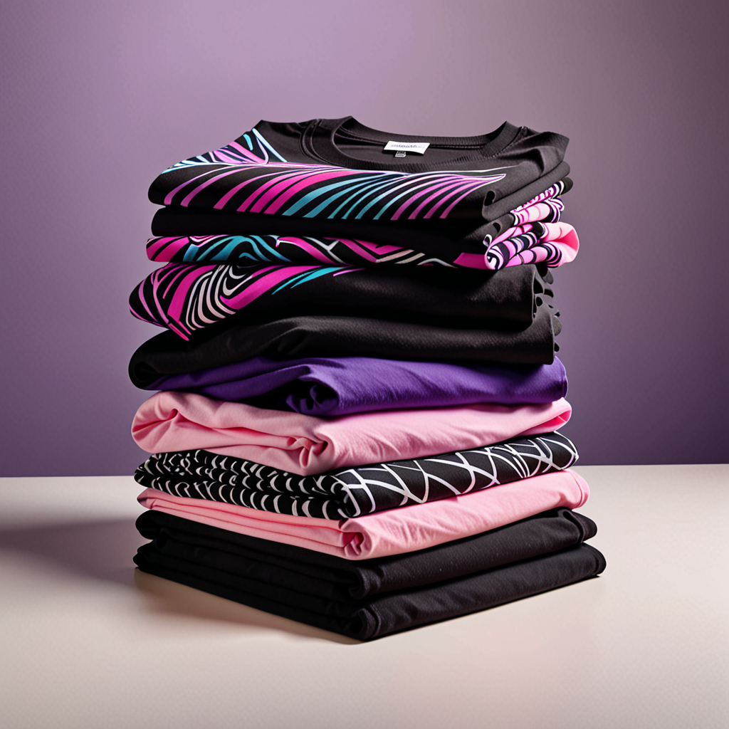 neatly folded stack of black graphic t-shirts with colorful abstract prints on a