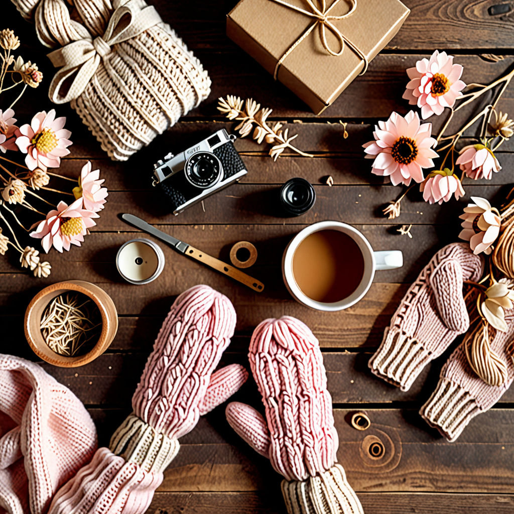 cozy flat lay of handmade and vintage treasures: ceramic mug, knitted mittens, v