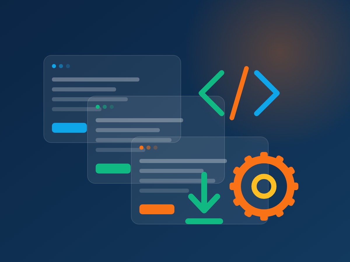 Illustration of open-source tool windows, code brackets and a gear in orange, blue and green