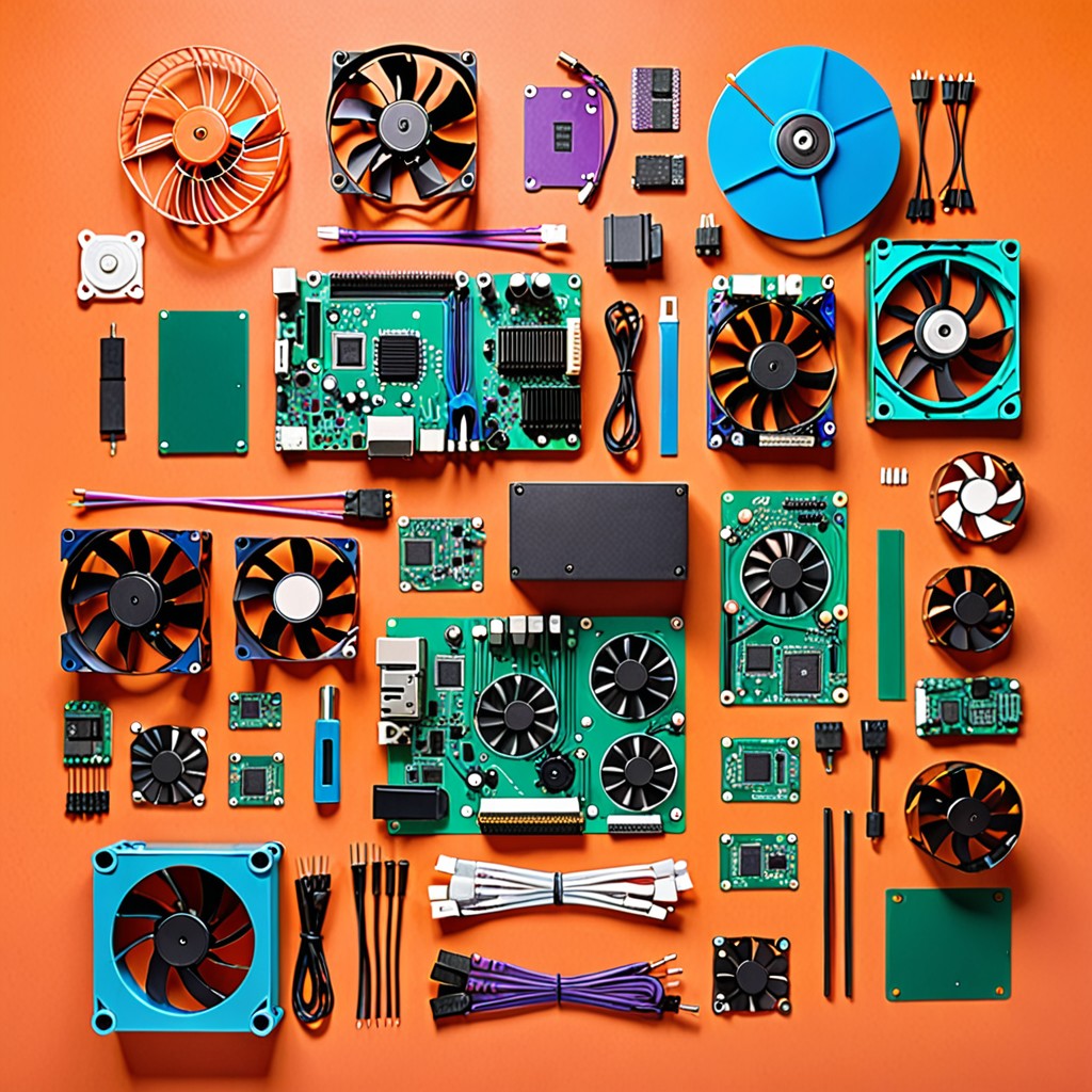 Top-down flat lay of workshop and PC gear on an orange background