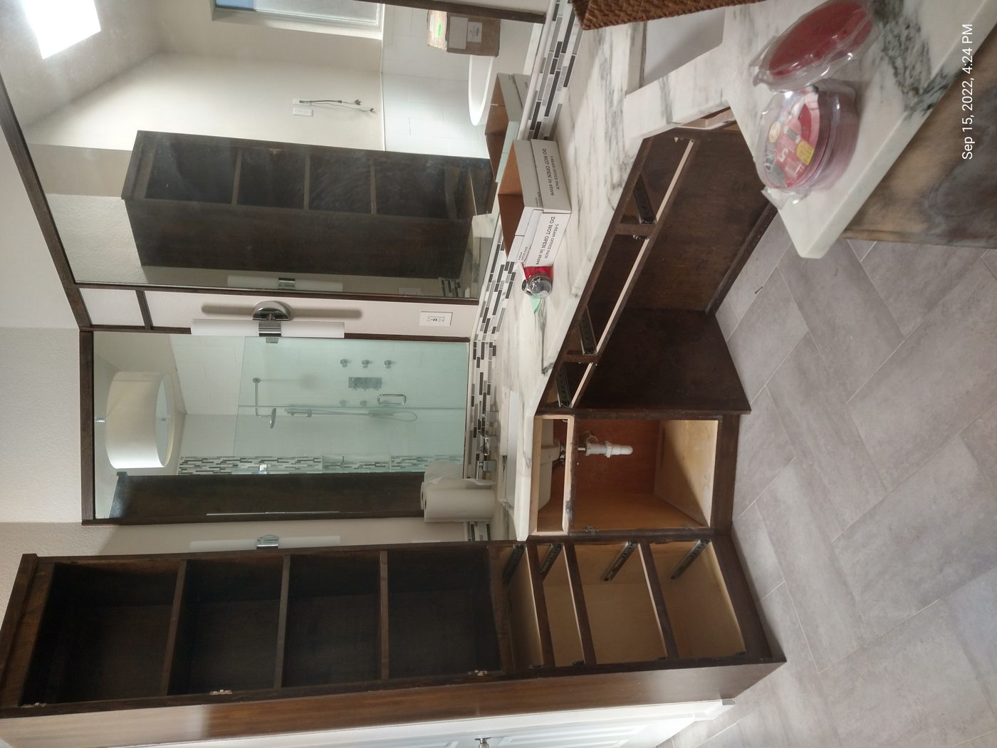 Dark-wood built-in units taking shape